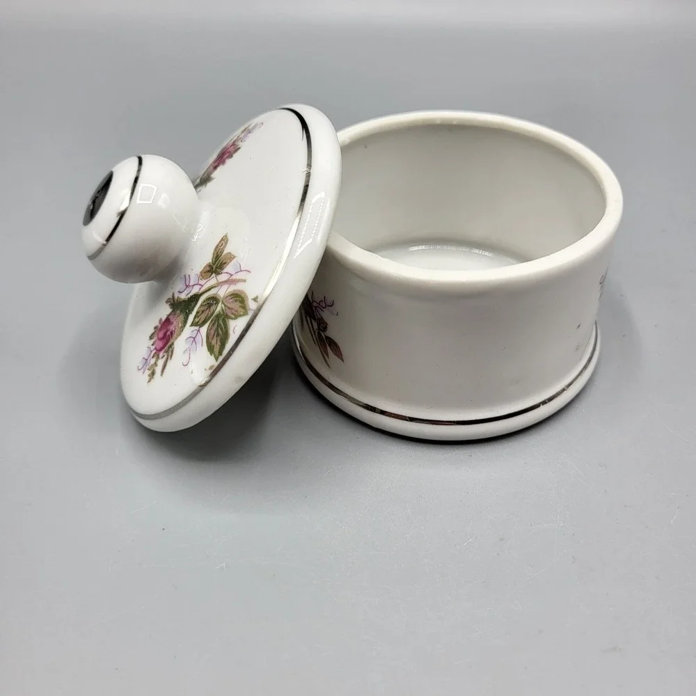 Vintage Porcelain Vanity Trinket Powder Jar Bowl With Lid Pink Rose Silver Trim
